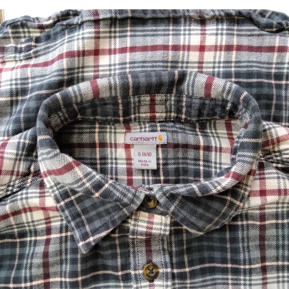 Carhartt Women Flannel Shirt S 4/6 Navy Red Plaid Cotton Stretch Button Down